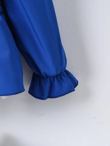 Girls Casual Blue Lantern Sleeve Blouse Atmosphere Fashionable Versatile Spring Autumn Wear