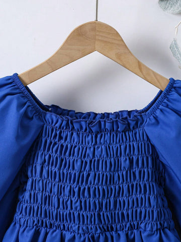 Girls Casual Blue Lantern Sleeve Blouse Atmosphere Fashionable Versatile Spring Autumn Wear