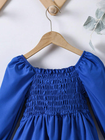 Girls Casual Blue Lantern Sleeve Blouse Atmosphere Fashionable Versatile Spring Autumn Wear