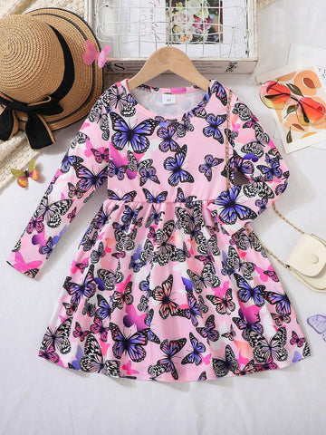 Girl's Casual Butterfly Print Long Sleeve Dress, Spring Autumn