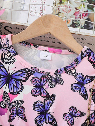 Girl's Casual Butterfly Print Long Sleeve Dress, Spring Autumn