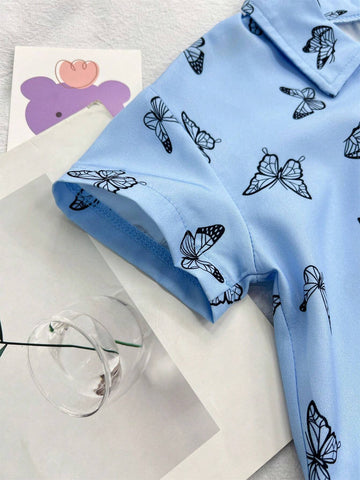 Girls' Casual Butterfly Printed Short Casual Shirt With Turn-Down Collar, Summer