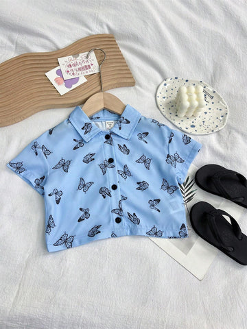 Girls' Casual Butterfly Printed Short Casual Shirt With Turn-Down Collar, Summer