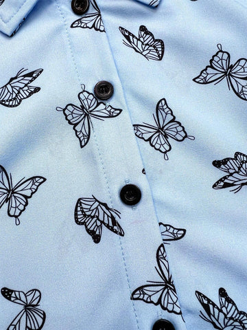 Girls' Casual Butterfly Printed Short Casual Shirt With Turn-Down Collar, Summer