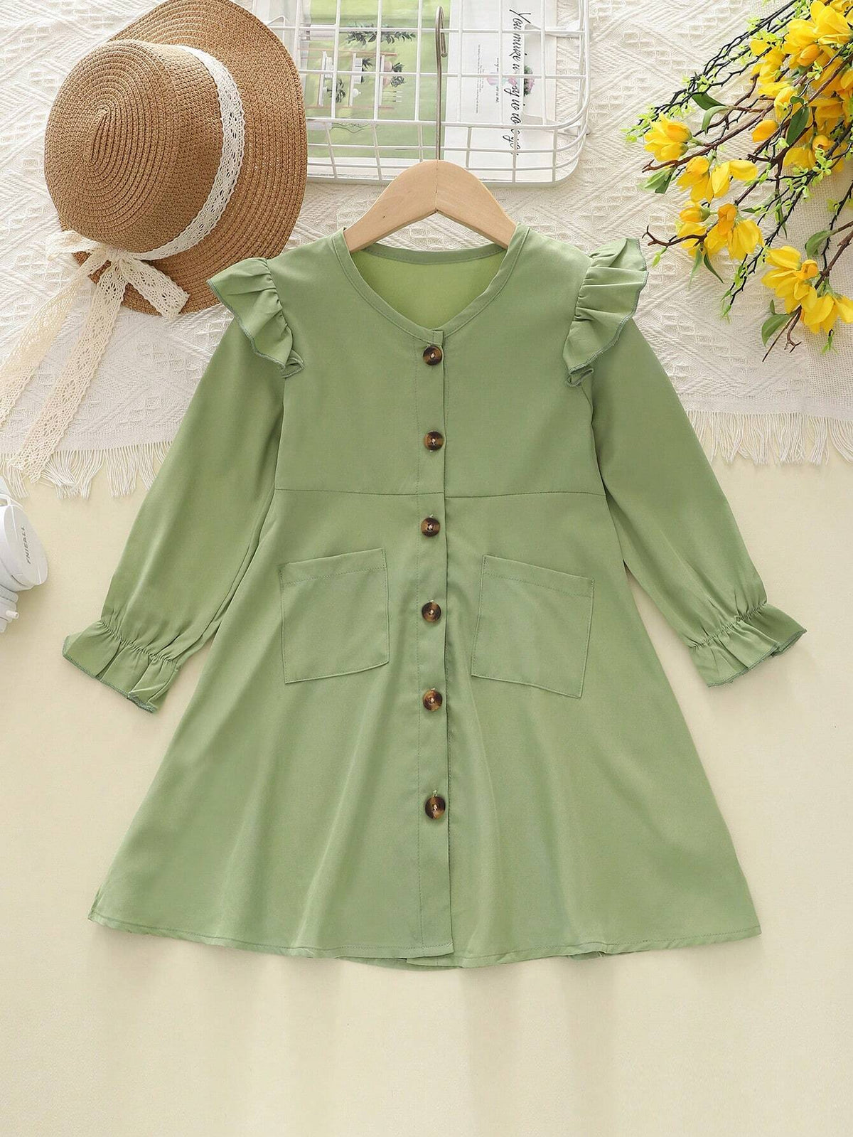 Girls Casual Button V-Neck Cap Sleeve Solid Dress, Fashion Princess Dress For Autumn