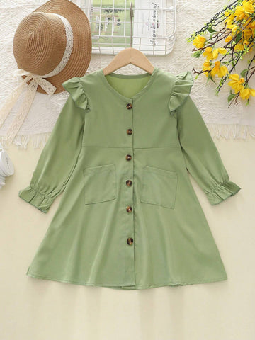 Girls Casual Button V-Neck Cap Sleeve Solid Dress, Fashion Princess Dress For Autumn