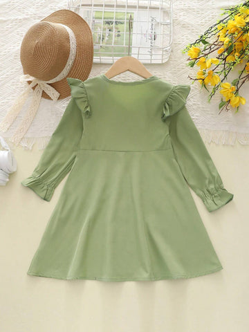 Girls Casual Button V-Neck Cap Sleeve Solid Dress, Fashion Princess Dress For Autumn