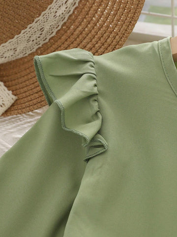 Girls Casual Button V-Neck Cap Sleeve Solid Dress, Fashion Princess Dress For Autumn