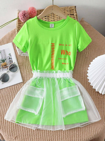 Girls" Casual Candy Colored Short Sleeve T-Shirt Dress With Skirt Casual Outfit For Summer