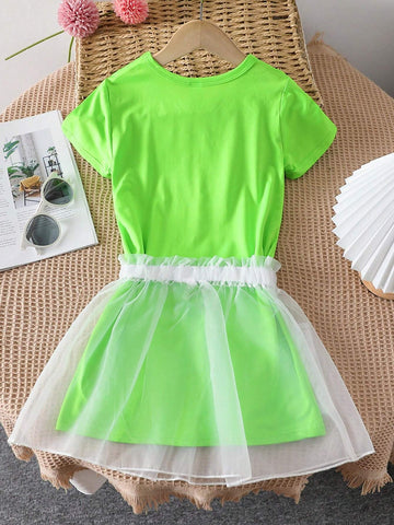 Girls" Casual Candy Colored Short Sleeve T-Shirt Dress With Skirt Casual Outfit For Summer