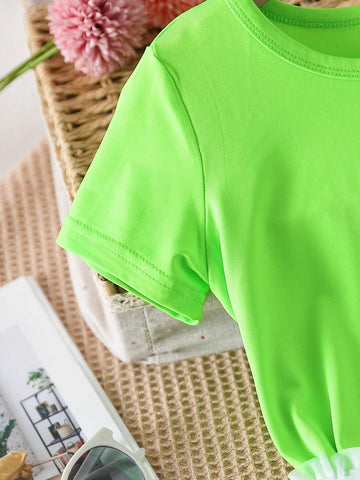 Girls" Casual Candy Colored Short Sleeve T-Shirt Dress With Skirt Casual Outfit For Summer