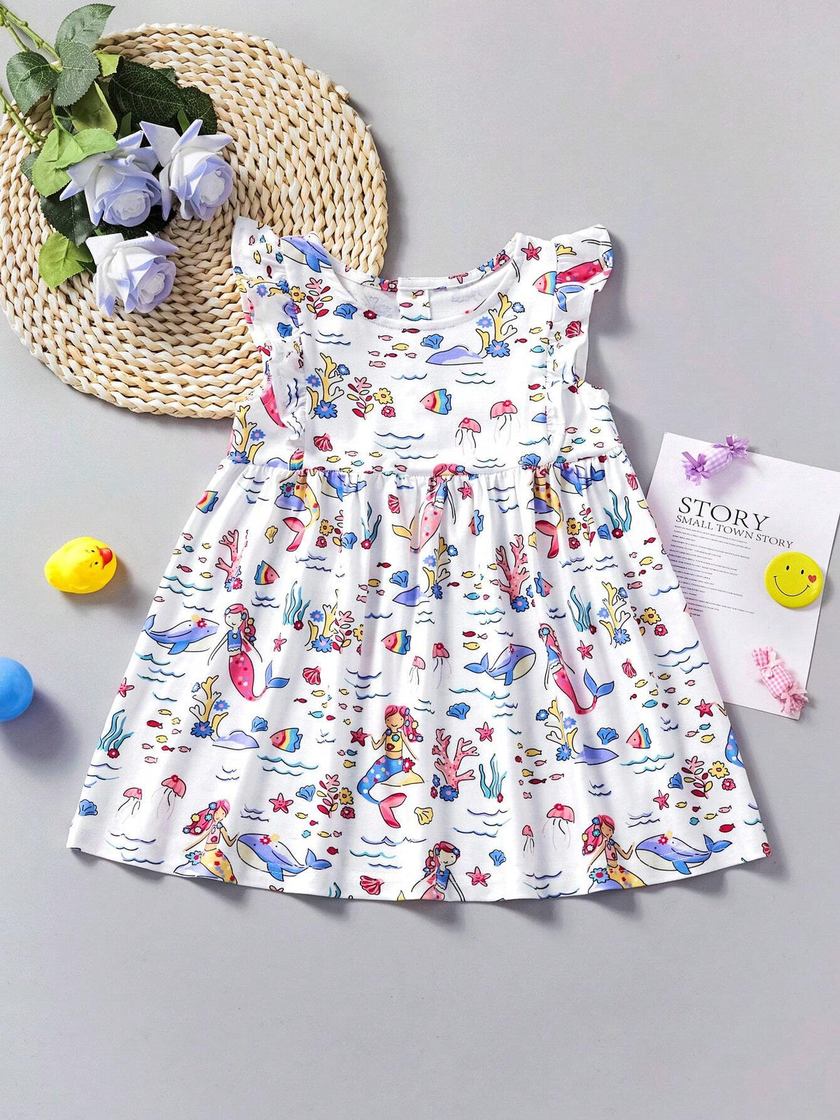 Girls' Casual Cap Sleeve Mermaid Printed Dress, Breathable For Summer Outings