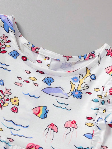 Girls' Casual Cap Sleeve Mermaid Printed Dress, Breathable For Summer Outings