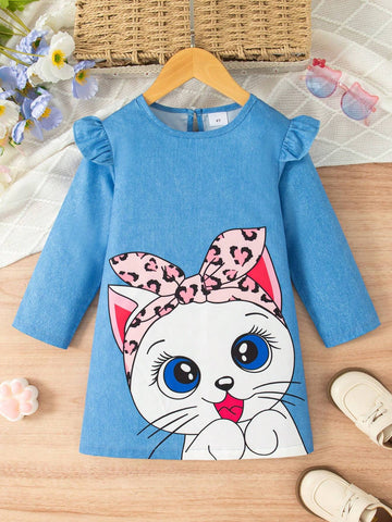 Girls Casual Cartoon Print Frill Trim Long Sleeve Dress, Spring Fall