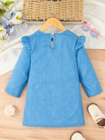 Girls Casual Cartoon Print Frill Trim Long Sleeve Dress, Spring Fall