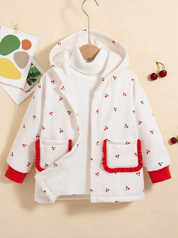 Girls Casual Cartoon Printed Hooded Long Sleeve Single-Breasted Fleece-Lined Jacket For Autumn/Winter