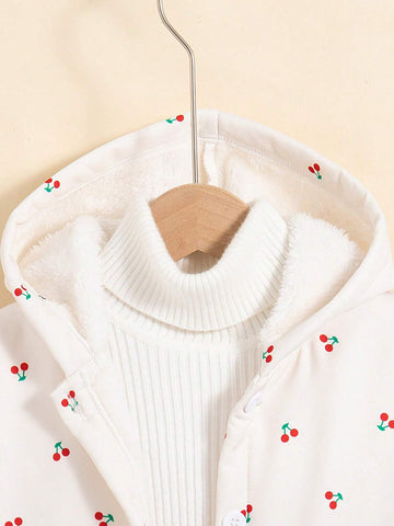 Girls Casual Cartoon Printed Hooded Long Sleeve Single-Breasted Fleece-Lined Jacket For Autumn/Winter