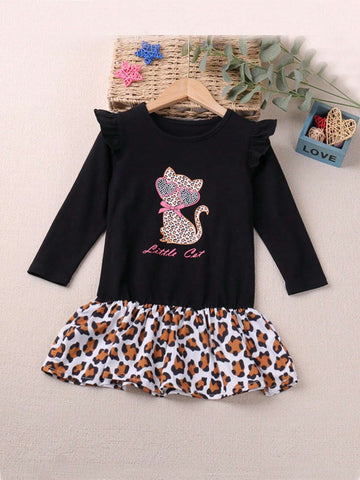 Girls Casual Cat And Leopard Print Long Sleeve Dress, Autumn