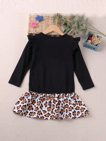 Girls Casual Cat And Leopard Print Long Sleeve Dress, Autumn