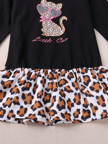 Girls Casual Cat And Leopard Print Long Sleeve Dress, Autumn