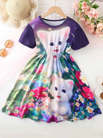 Girls' Casual Cat Printed Short Sleeve A-Line Dress With Gathered Waist