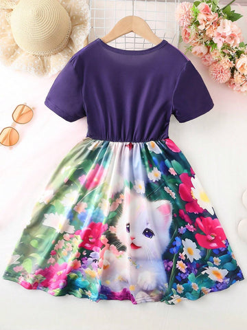 Girls' Casual Cat Printed Short Sleeve A-Line Dress With Gathered Waist