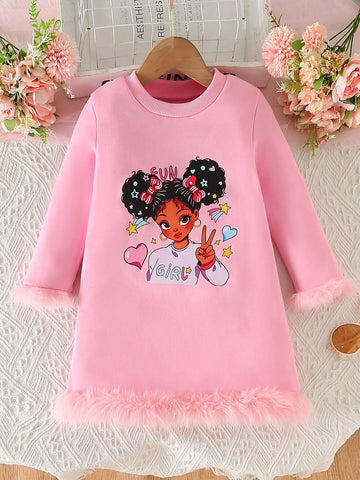 Girls' Casual Chic Cute Cartoon Print Fleece Patchwork Fuzzy Hoodie Sweatshirt Dress, Warm Winter Fashion New