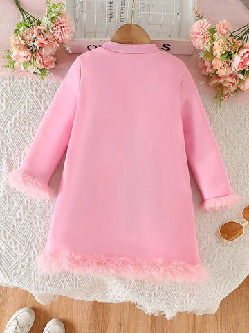 Girls' Casual Chic Cute Cartoon Print Fleece Patchwork Fuzzy Hoodie Sweatshirt Dress, Warm Winter Fashion New