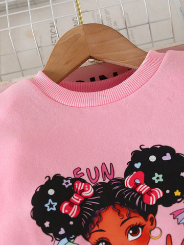 Girls' Casual Chic Cute Cartoon Print Fleece Patchwork Fuzzy Hoodie Sweatshirt Dress, Warm Winter Fashion New