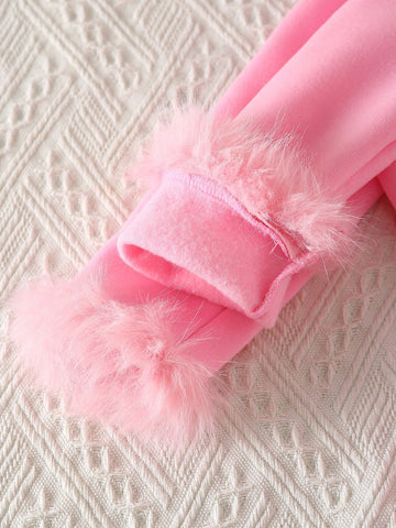 Girls' Casual Chic Cute Cartoon Print Fleece Patchwork Fuzzy Hoodie Sweatshirt Dress, Warm Winter Fashion New