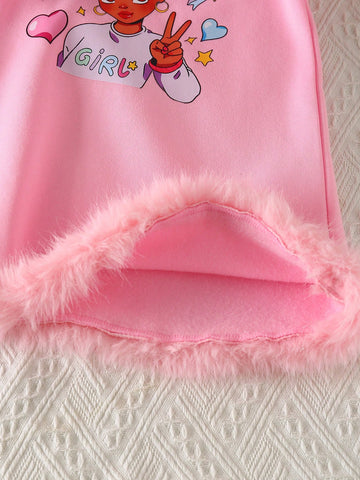 Girls' Casual Chic Cute Cartoon Print Fleece Patchwork Fuzzy Hoodie Sweatshirt Dress, Warm Winter Fashion New