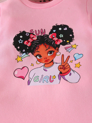 Girls' Casual Chic Cute Cartoon Print Fleece Patchwork Fuzzy Hoodie Sweatshirt Dress, Warm Winter Fashion New