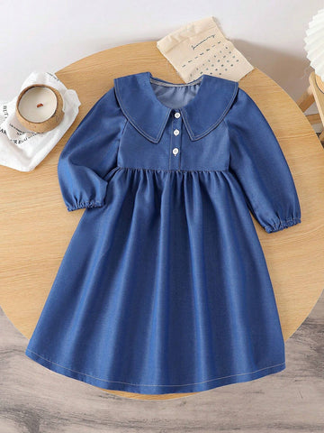 Girls Casual Collared Long Sleeve Waisted Mid-Length Solid Color Dress For Spring & Fall, Suitable For Outdoor Daily Wear