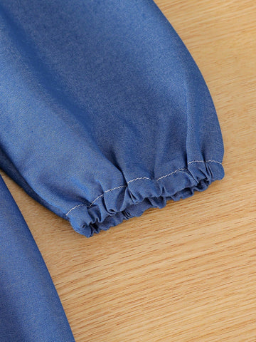 Girls Casual Collared Long Sleeve Waisted Mid-Length Solid Color Dress For Spring & Fall, Suitable For Outdoor Daily Wear