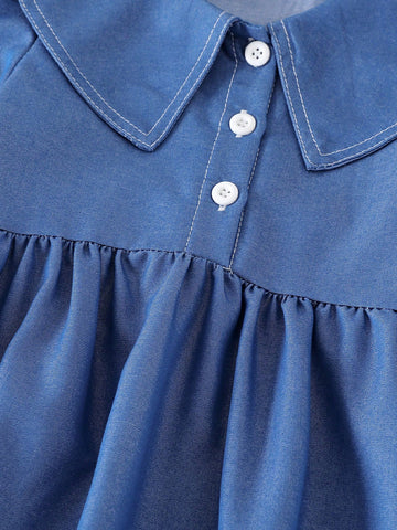 Girls Casual Collared Long Sleeve Waisted Mid-Length Solid Color Dress For Spring & Fall, Suitable For Outdoor Daily Wear