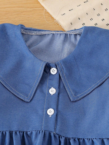 Girls Casual Collared Long Sleeve Waisted Mid-Length Solid Color Dress For Spring & Fall, Suitable For Outdoor Daily Wear