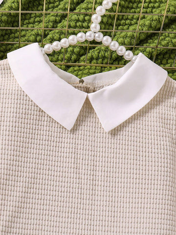Girls' Casual Collared Spliced Textured Fabric A-Line Dress, School Style