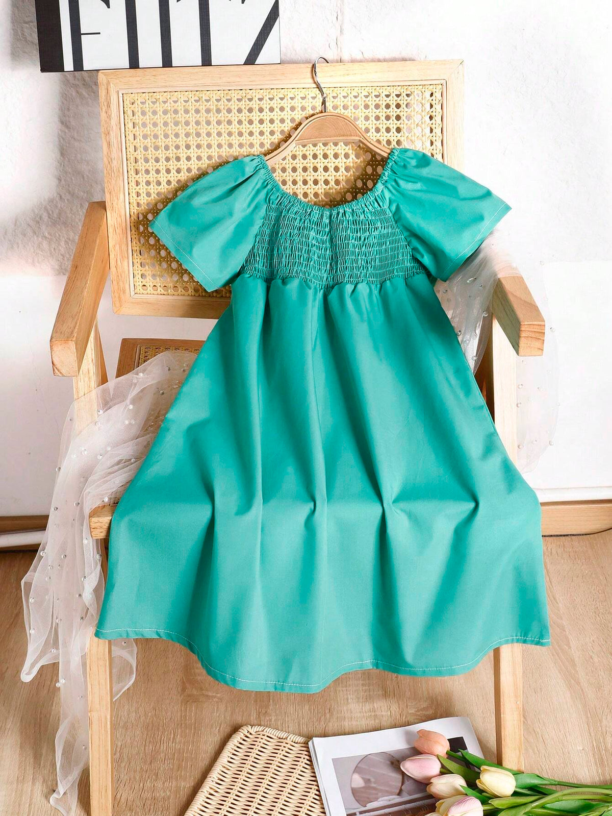 Girls' Casual Color Block Short Sleeve Pleated Dress With Shirred Design, Suitable For Summer