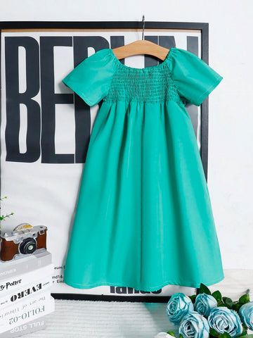 Girls' Casual Color Block Short Sleeve Pleated Dress With Shirred Design, Suitable For Summer