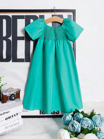 Girls' Casual Color Block Short Sleeve Pleated Dress With Shirred Design, Suitable For Summer