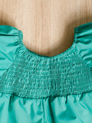 Girls' Casual Color Block Short Sleeve Pleated Dress With Shirred Design, Suitable For Summer
