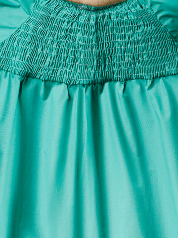 Girls' Casual Color Block Short Sleeve Pleated Dress With Shirred Design, Suitable For Summer