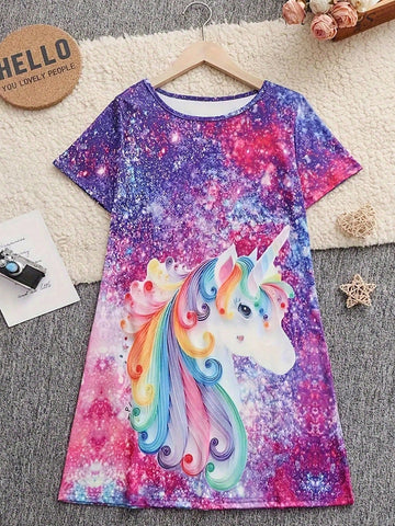 Girls Casual Comfortable Unicorn & Starry Sky 3D Print Dress, For Holiday And Everyday Wear