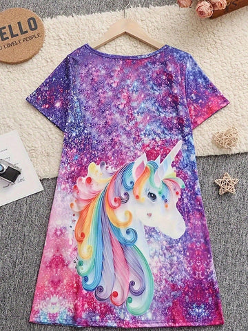 Girls Casual Comfortable Unicorn & Starry Sky 3D Print Dress, For Holiday And Everyday Wear