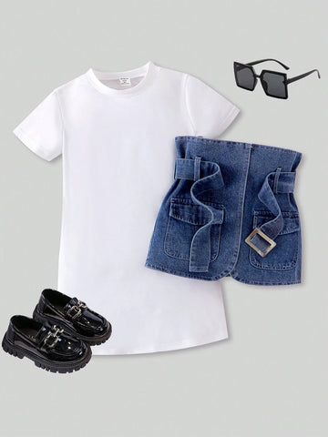 Girls' Casual Commuter Denim Accessories 2-Piece Set (S) Dress