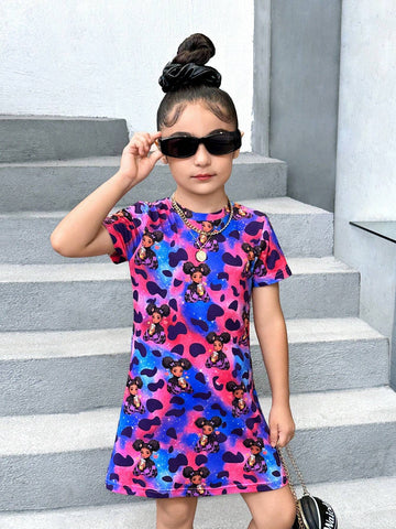 Girls' Casual Cool Round Neck Slim Fit Short Sleeve Dress For Daily Wear, Spring/Summer