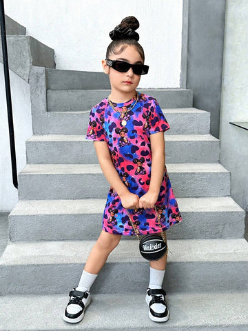 Girls' Casual Cool Round Neck Slim Fit Short Sleeve Dress For Daily Wear, Spring/Summer
