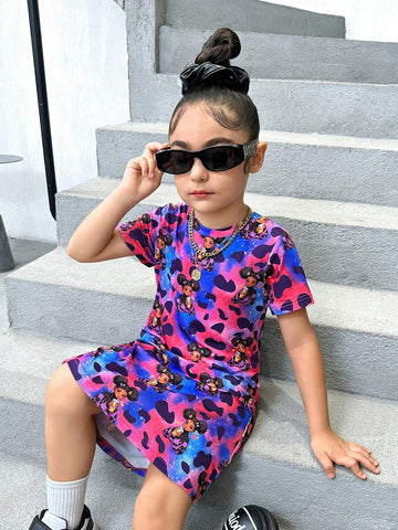 Girls' Casual Cool Round Neck Slim Fit Short Sleeve Dress For Daily Wear, Spring/Summer