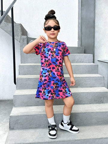 Girls' Casual Cool Round Neck Slim Fit Short Sleeve Dress For Daily Wear, Spring/Summer