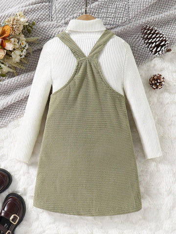 Girls Casual Corduroy Pocket Strap Dress, The Corduroy Material With Its Unique Soft Texture And Good Warmth, Suitable For Autumn/Winter